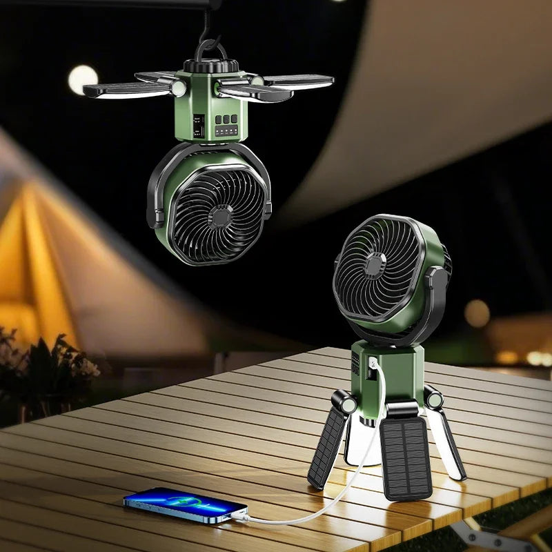 Portable rechargeable outdoor fan with bright LED light, also functions as a USB power bank.