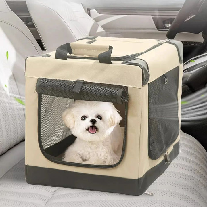 Portable small pet travel crate, soft-sided & collapsible, breathable mesh for dogs & cats.