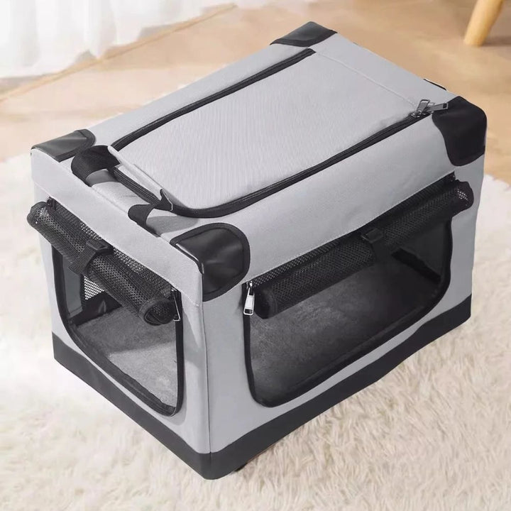 Small pet travel crate, portable & soft-sided, ideal for outdoor or indoor use with pets.