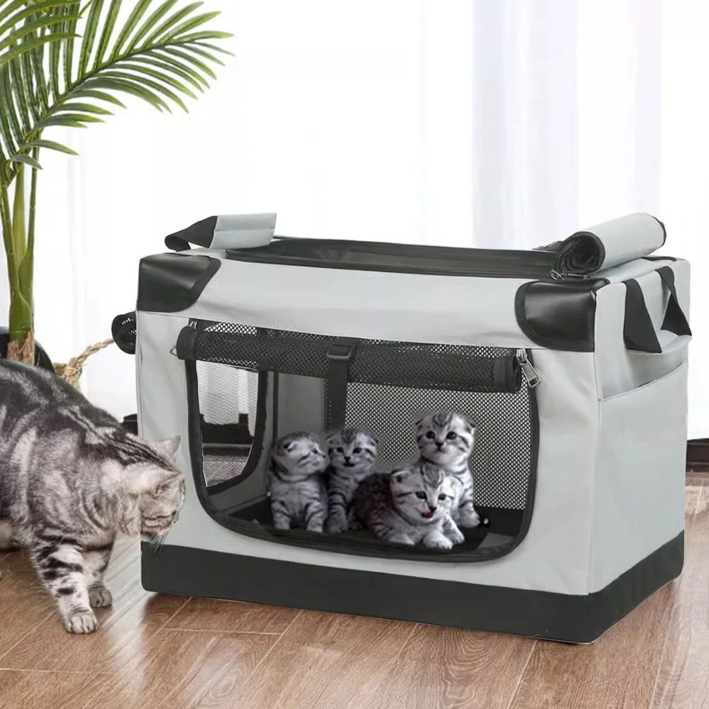 Breathable mesh pet travel carrier, foldable for easy storage, suitable for small dogs & cats.