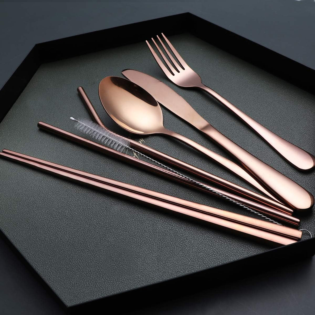 Outdoor dining stainless steel cutlery set for adventurers, including fork, spoon, knife, & case.