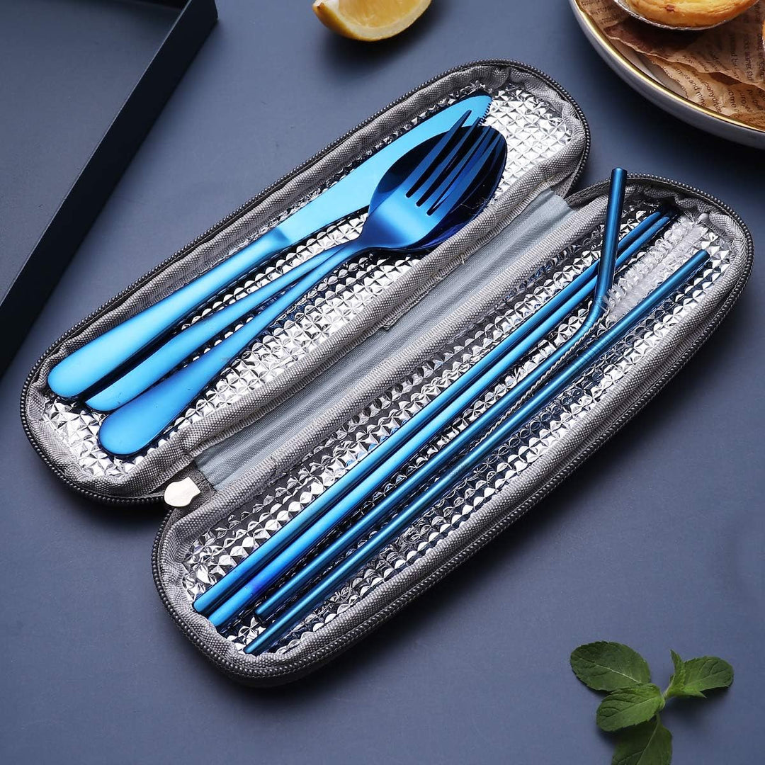 Stainless steel fork, spoon, knife, chopsticks, and straw with cleaner in a travel case.