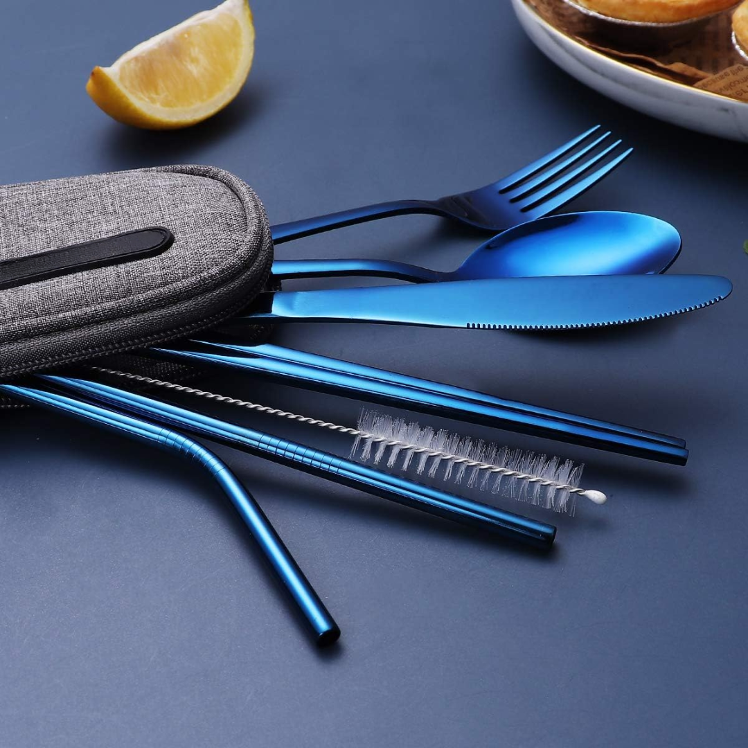 Easy-to-clean stainless steel reusable cutlery set with hygienic carrying case.