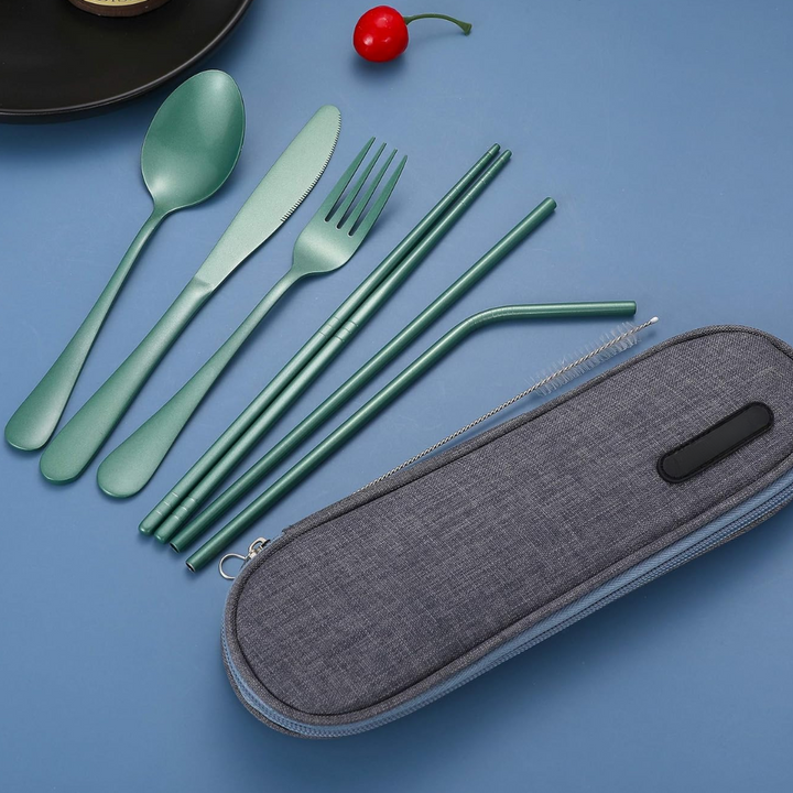 Portable stainless steel cutlery set including fork, spoon, knife, & case for everyday use.