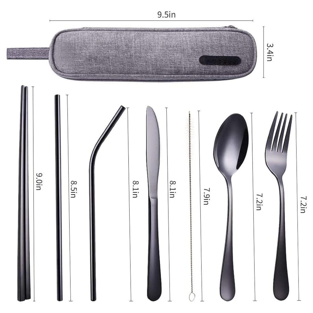 Essential stainless steel cutlery set with travel case for picnics, office, and school lunches.