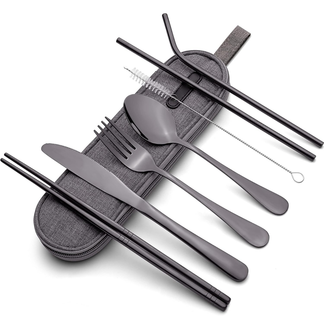 Unisex portable stainless steel cutlery set with case, perfect for travel, camping & picnics.