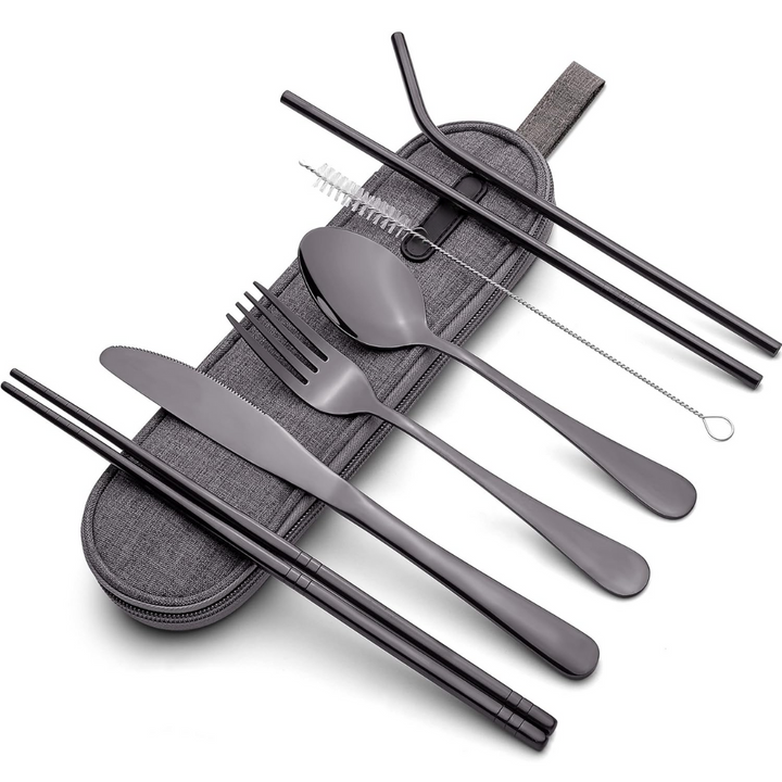 Unisex portable stainless steel cutlery set with case, perfect for travel, camping & picnics.
