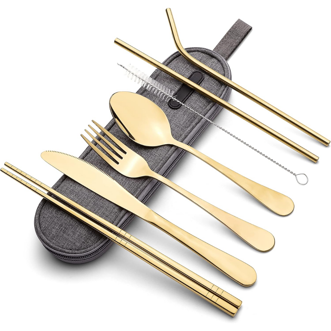 Sleek silver stainless steel utensil set with fork, spoon, knife, and protective travel case.