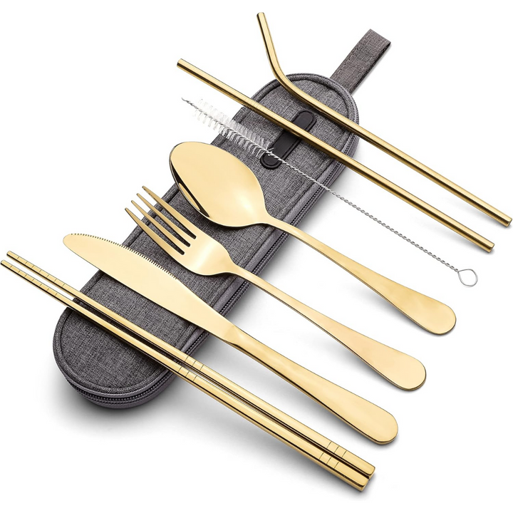 Sleek silver stainless steel utensil set with fork, spoon, knife, and protective travel case.