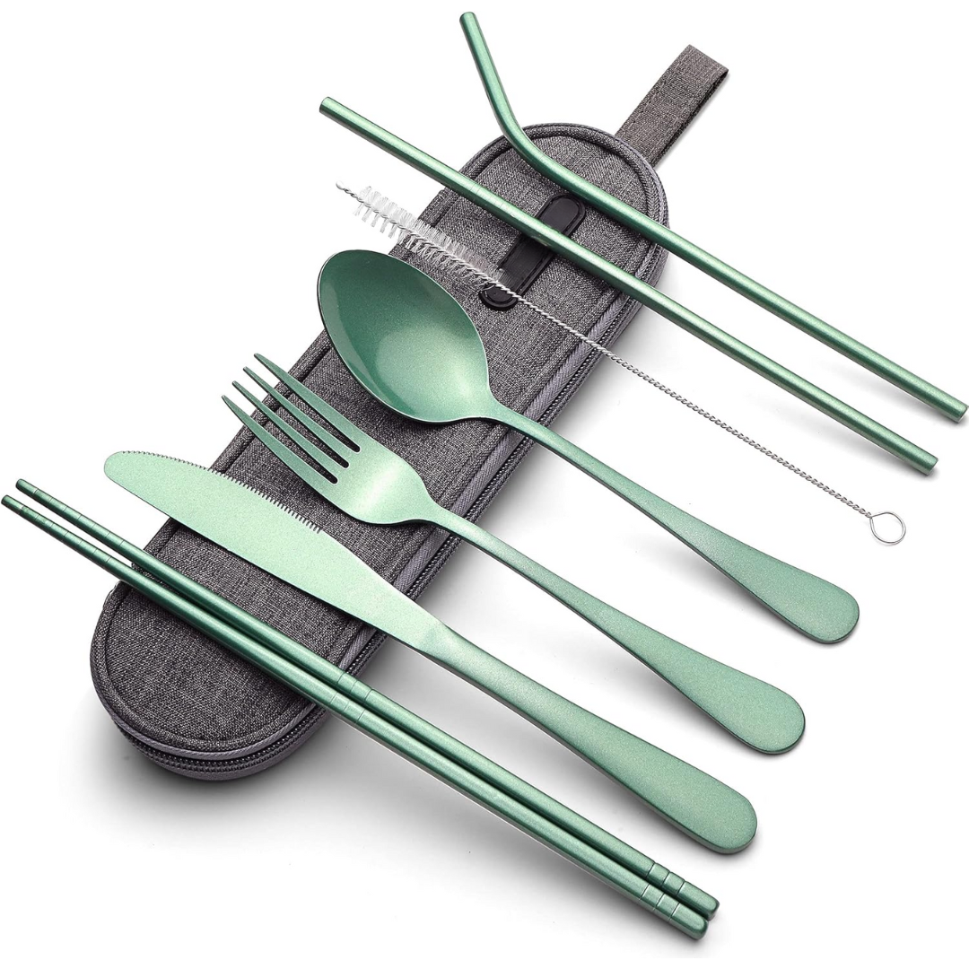 Premium stainless steel travel cutlery set, reusable and hygienic, complete with a case.