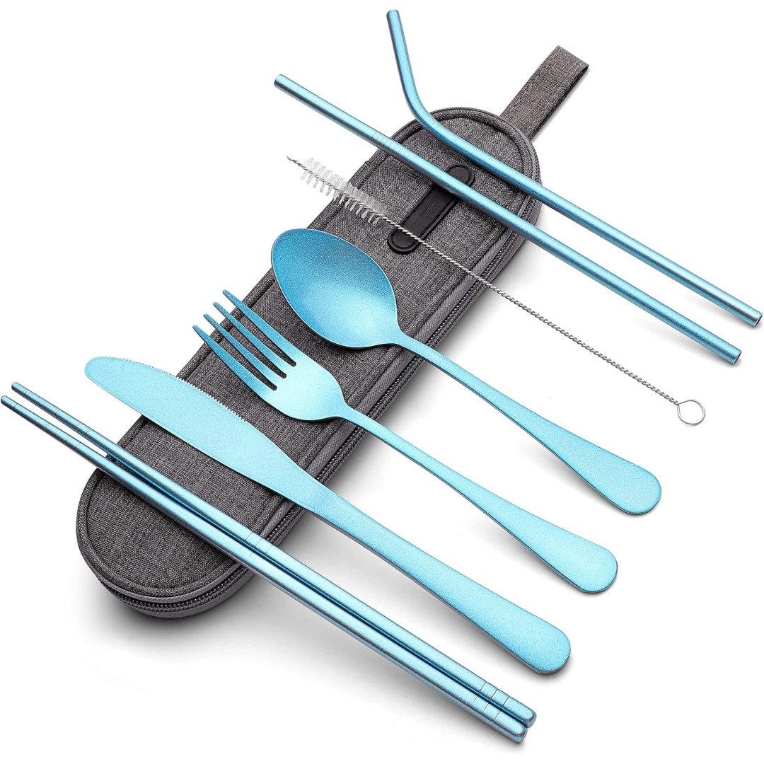 Hygienic stainless steel reusable cutlery set with case for clean eating anywhere.