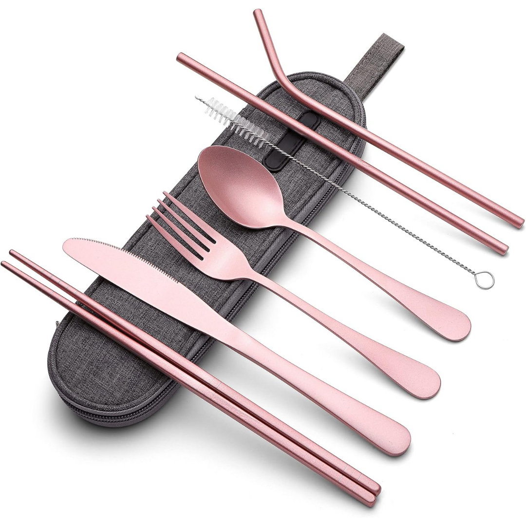 Eco-friendly stainless steel picnic supplies: cutlery set with case for outdoor meals.