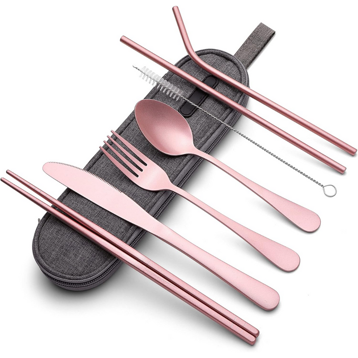 Eco-friendly stainless steel picnic supplies: cutlery set with case for outdoor meals.