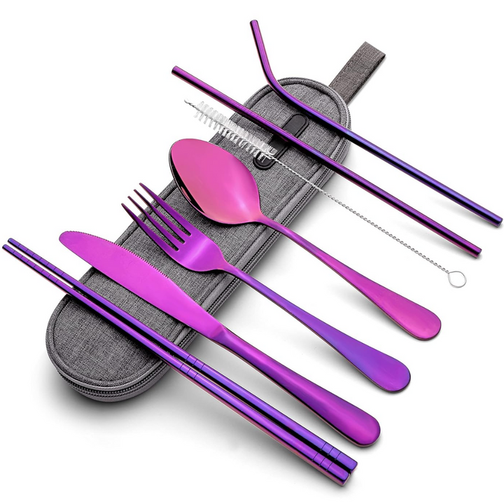 Compact portable cutlery set with case for work, school, and daily lunch. Stainless steel.