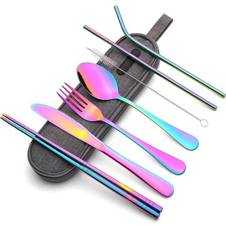 Durable stainless steel camping gear cutlery set in a convenient, portable carrying case.