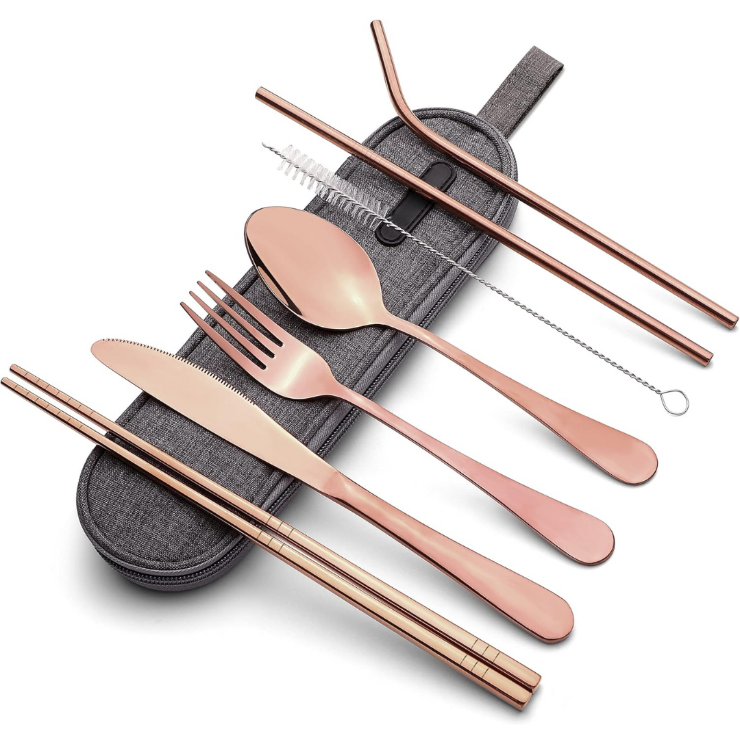 Reusable stainless steel lunch set with cutlery case, ideal for on-the-go dining.