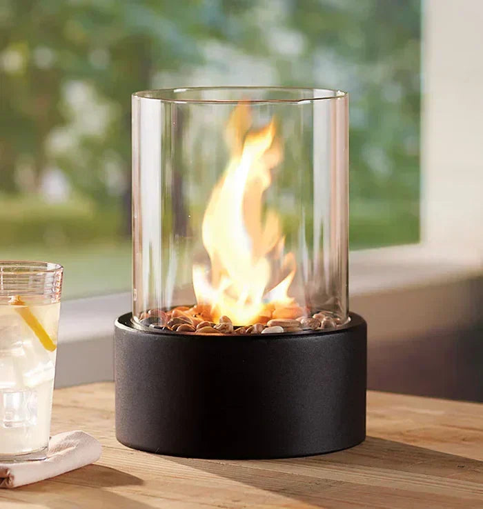 Modern natural gas fire lantern for tabletop decor. Creates cozy home & patio ambiance.