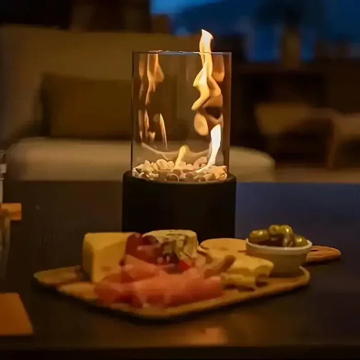 Compact tabletop fire lantern, natural gas, for elegant home decor and outdoor living.