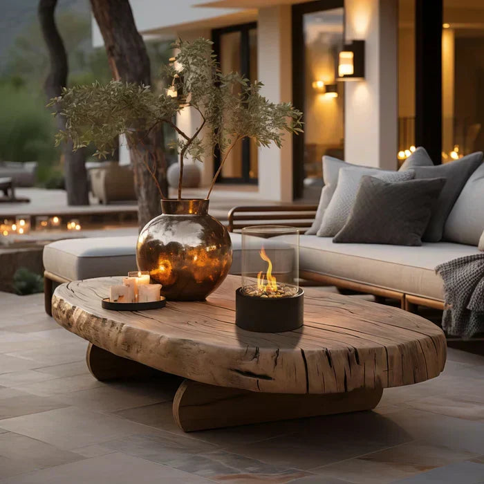 Ambiance light: Portable tabletop fire lantern with steel-glass design for any setting.