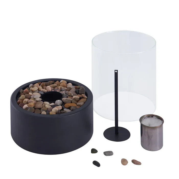 Sleek portable tabletop fire lantern with natural gas for modern patio & indoor decor.