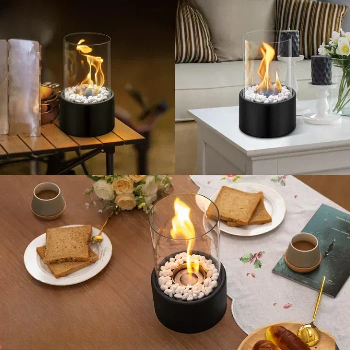 Bring warmth: Portable tabletop fire lantern, steel & glass, perfect for intimate gatherings.