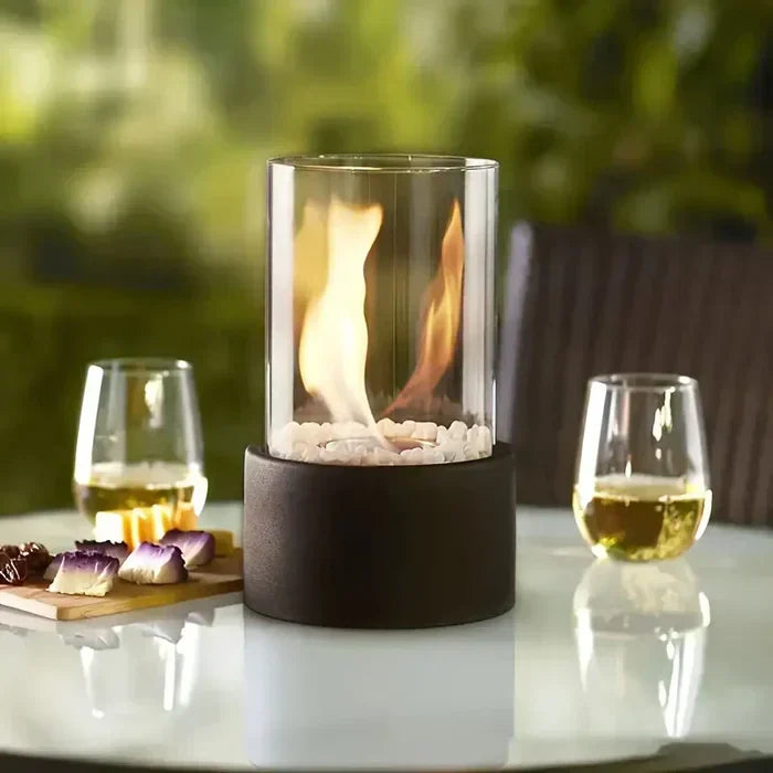 Elevate your space with this modern portable tabletop fire lantern, natural gas powered.