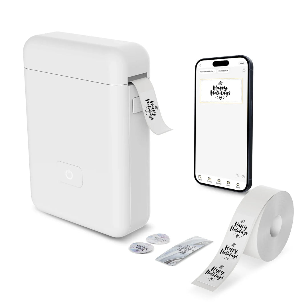 Compact Tavvitaimp18 inkless thermal label printer. Perfect for portable organization, no ink needed.