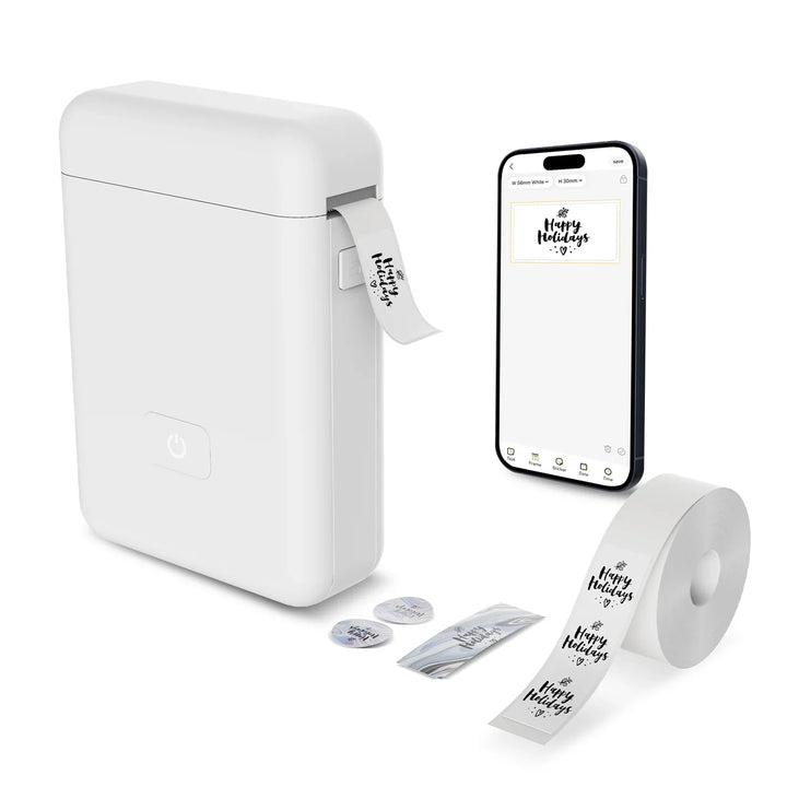Compact Tavvitaimp18 inkless thermal label printer. Perfect for portable organization, no ink needed.