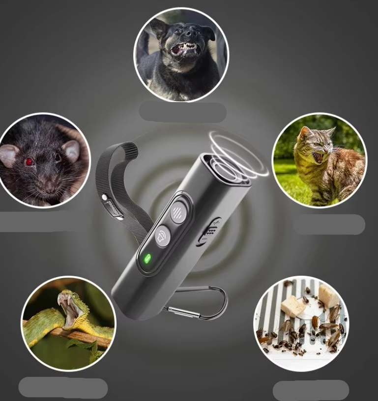 Compact remote control ultrasonic dog trainer to aid in pet behavior correction and outdoor safety.
