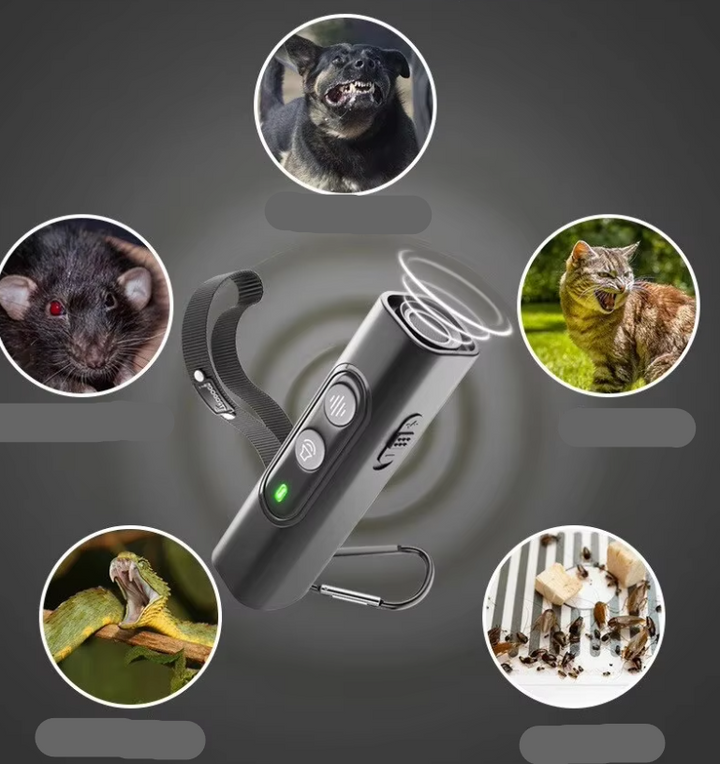 Compact remote control ultrasonic dog trainer to aid in pet behavior correction and outdoor safety.