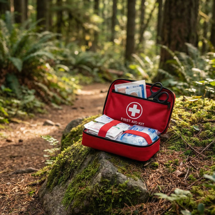 Portable waterproof first aid kit for travel & outdoor emergencies, essential for camping, hiking, safety.