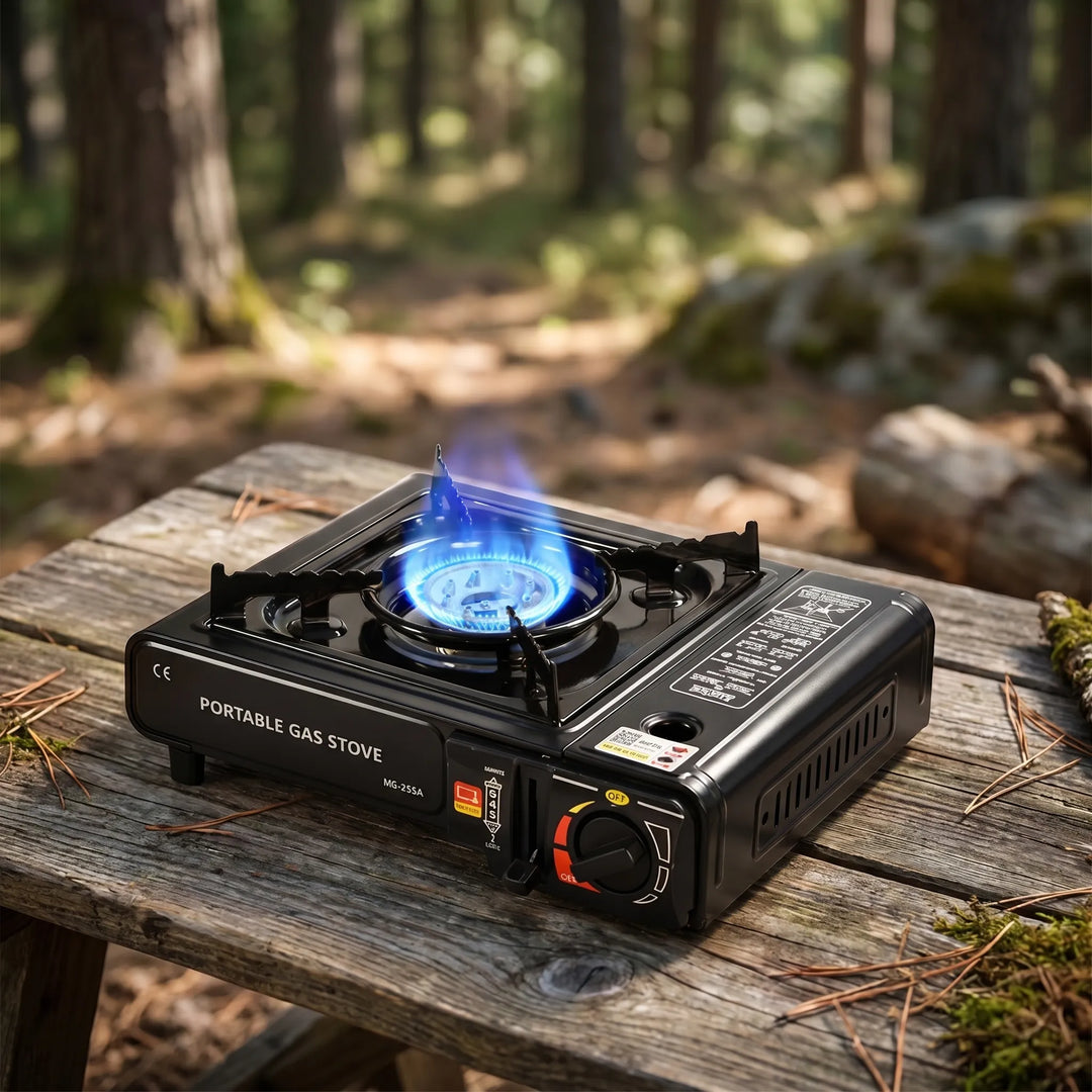 Portable windproof single burner gas stove for outdoor camping, hiking, and backpacking cooking.