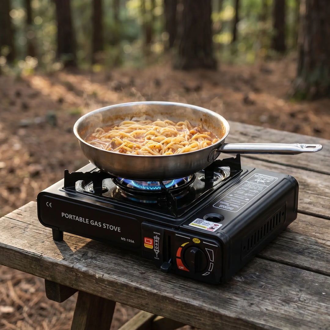 Compact camping gas stove, windproof single burner, ideal for outdoor cooking, picnics, and hiking gear.