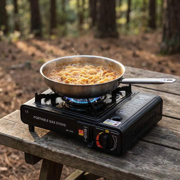 Compact camping gas stove, windproof single burner, ideal for outdoor cooking, picnics, and hiking gear.