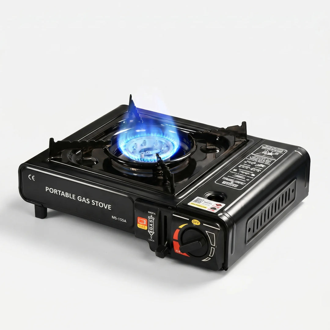 Durable outdoor portable gas stove with a windproof single burner, perfect for camping and backpacking meals.