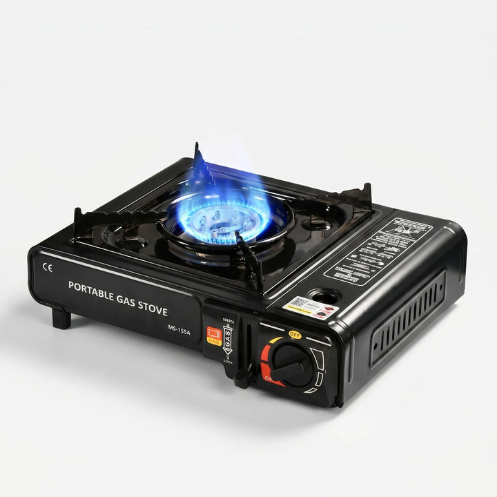 Durable outdoor portable gas stove with a windproof single burner, perfect for camping and backpacking meals.