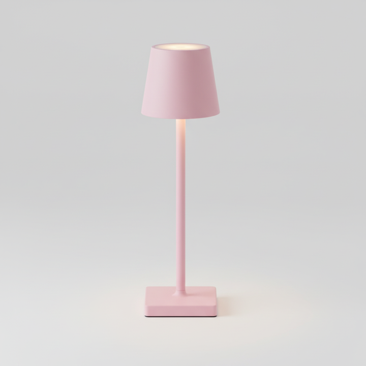 Cordless LED table lamp, portable and dimmable, ideal for creating ambiance in indoor and outdoor living areas.
