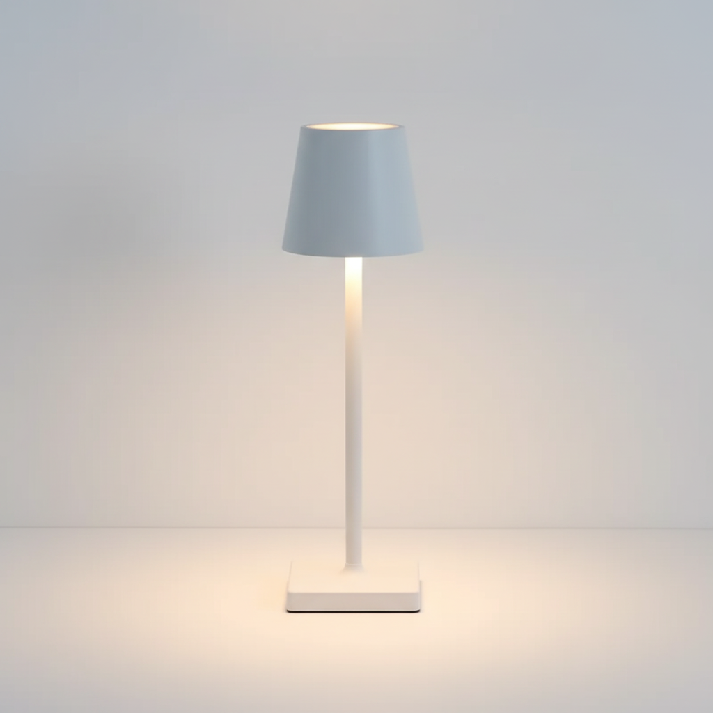 Modern dimmable wireless LED table lamp, battery-powered for portable indoor and outdoor use.