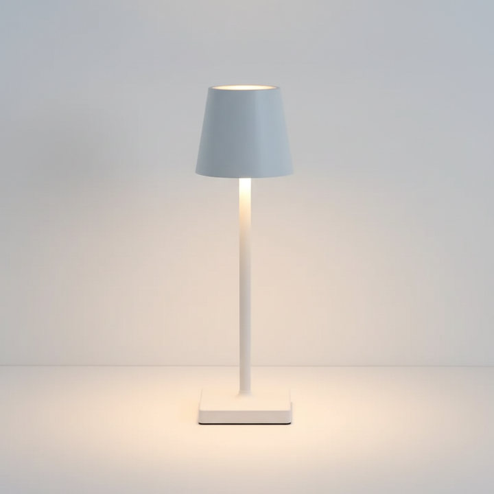 Modern dimmable wireless LED table lamp, battery-powered for portable indoor and outdoor use.
