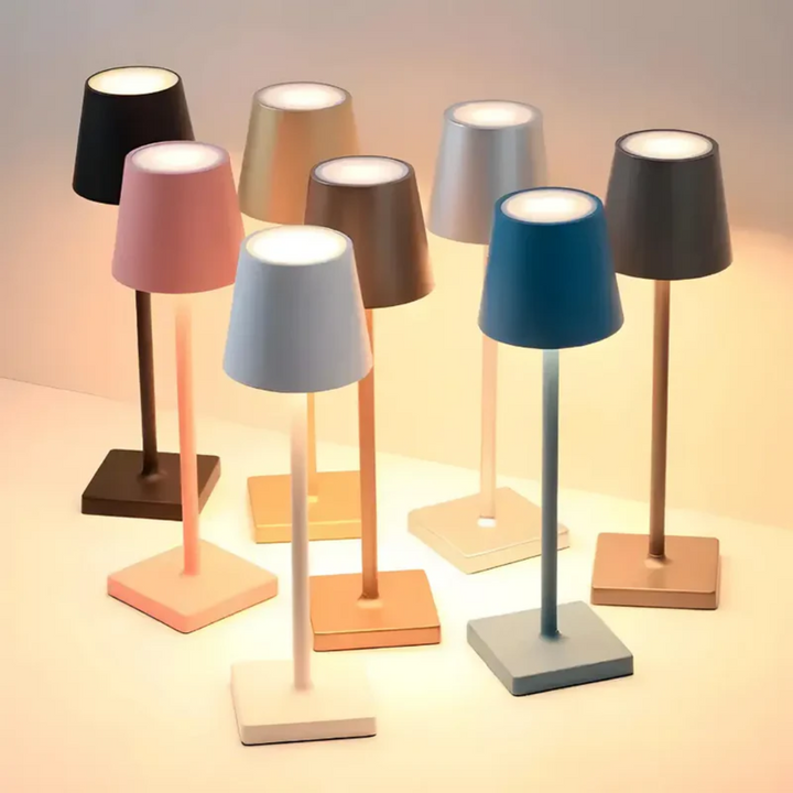 Battery-powered portable LED table lamp with a modern design, ideal for patios, balconies, and indoors.