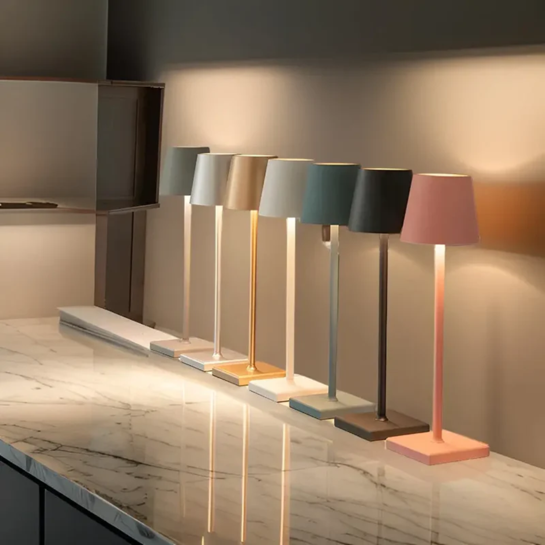 Dimmable wireless LED table lamp, offering soft glow lighting for contemporary home decor and outdoor spaces.