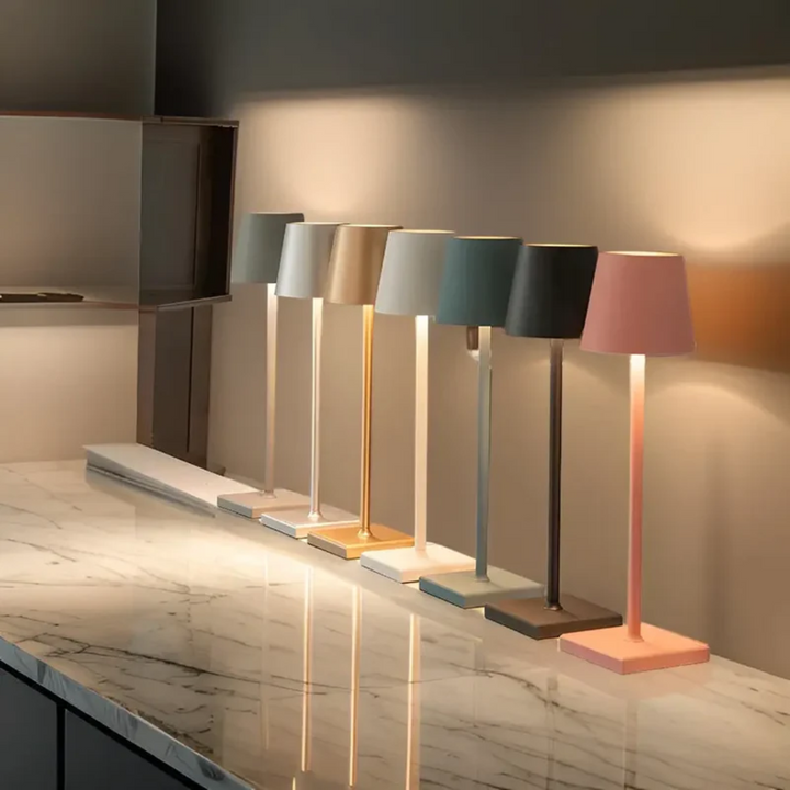 Dimmable wireless LED table lamp, offering soft glow lighting for contemporary home decor and outdoor spaces.