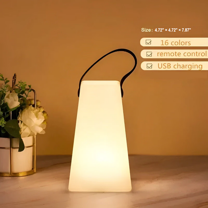 RadianceFlex portable wireless LED table lamp. Rechargeable, waterproof, modern design for indoor & outdoor lighting.