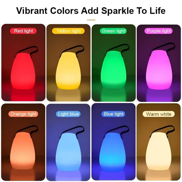 RadianceFlex waterproof LED table lamp, wireless & rechargeable for patio, garden, or camping. Modern outdoor lighting.
