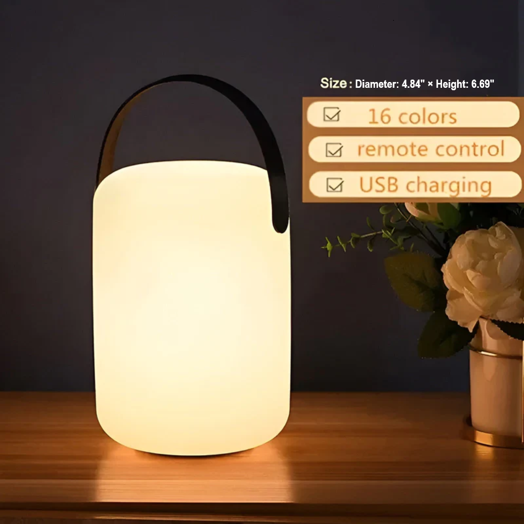 RadianceFlex waterproof wireless LED table lamp on a patio table, perfect for outdoor evening ambiance.