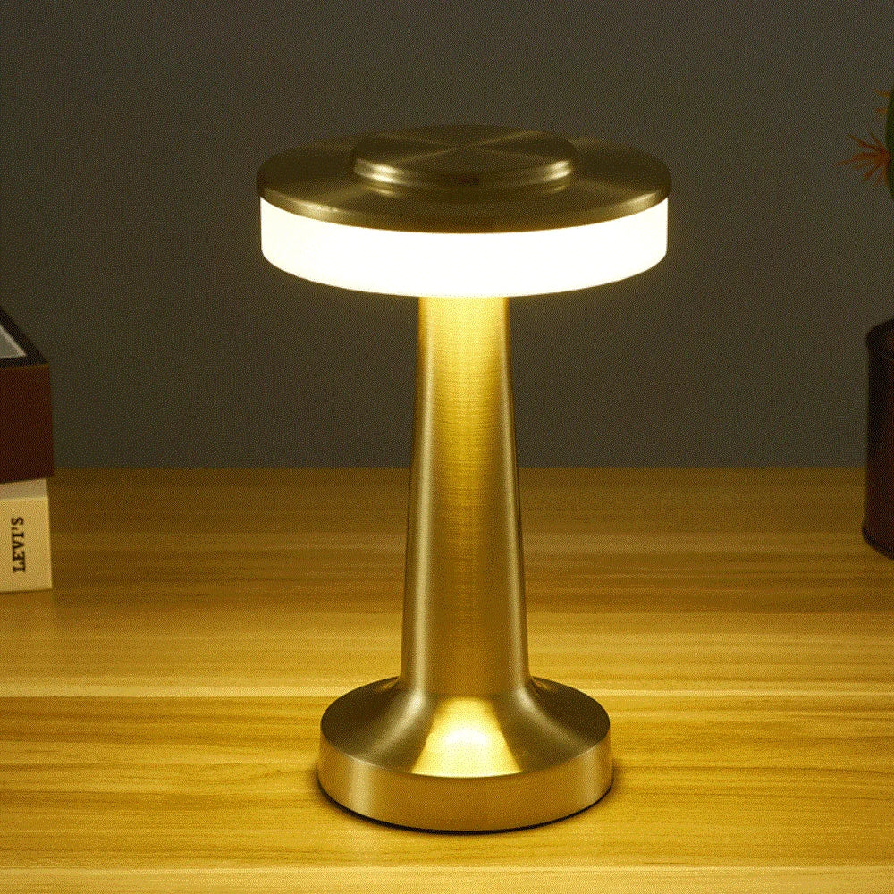 Portable wireless LED table lamp with dimmable light, touch control, rechargeable for modern home decor.