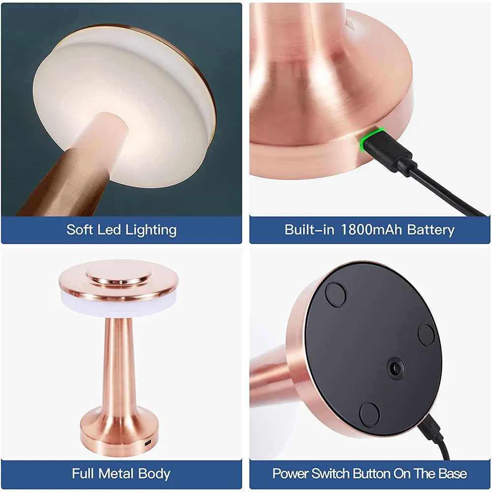 Cordless portable LED table lamp, dimmable touch control light, ideal for accent lighting in any room.