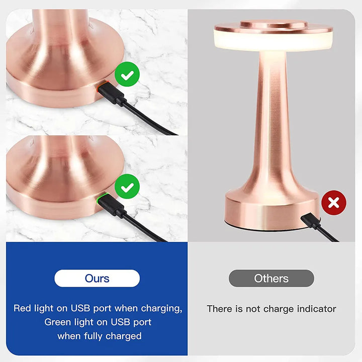 Sleek modern dimmable wireless LED table lamp, rechargeable with touch control for bedroom or living room.