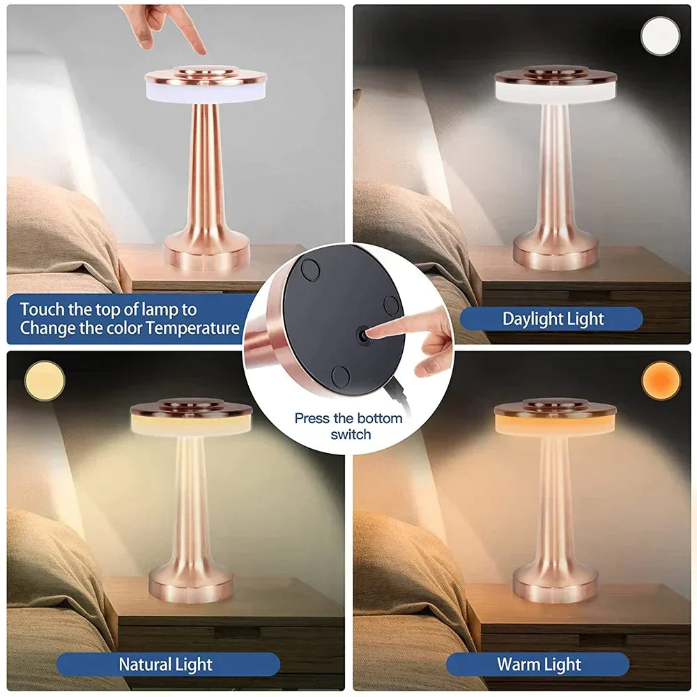Versatile dimmable portable LED table lamp, wireless & rechargeable, perfect for home lighting, bedroom, or patio.