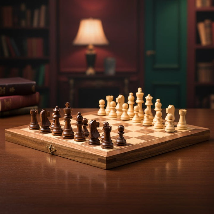 Portable wooden magnetic chess set, perfect for travel. Compact folding board and secure pieces ensure fun on the go.